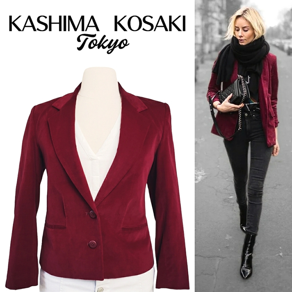 VINTAGE 90s Red Velour Velvet Single-Breasted Blazer | Size 8 Petite